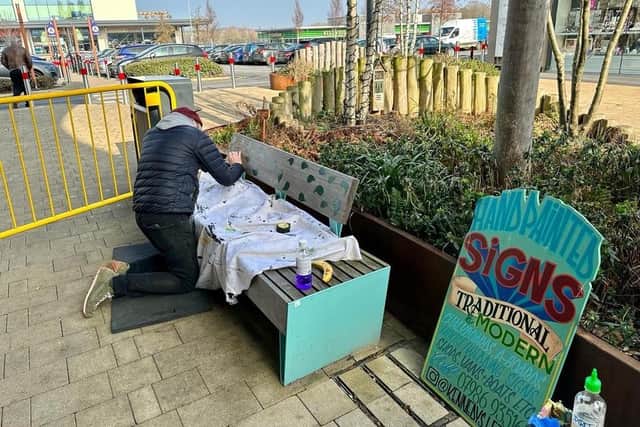 Two 'Happy to Chat' benches have been painted in Rushden Lakes' Garden Square