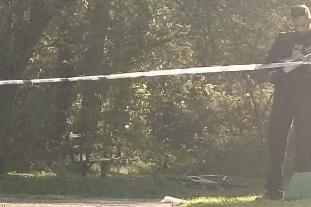 The victim's bike, lying in the woods, next to the bench at which he says he was shot at in April last year. Image: IMG