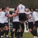 The Corby Town players celebrate one of their goals in last weekend's 4-2 win over Halesowen Town at Steel Park. Picture by David Tilley