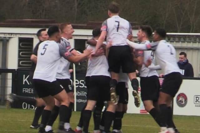 The Corby Town players celebrate one of their goals in last weekend's 4-2 win over Halesowen Town at Steel Park. Picture by David Tilley