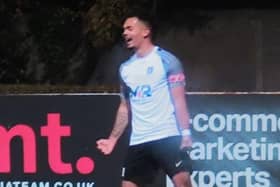 Rio Molyneaux celebrates his first goal for Corby Town in Tuesday's 2-2 draw at Spalding United. Picture by David Tilley
