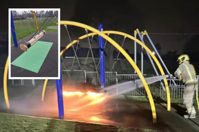 A firefighter tackling the blaze last February and the rope swing now (inset) after being repaired and returned to the Saffron Road play area in Higham Ferrers