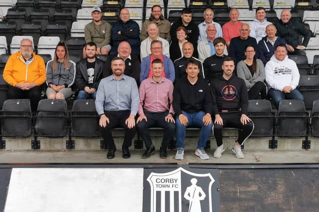 Lee Attenborough and his staff met with the Corby Town volunteers this week as he begins his reign at Steel Park. Picture courtesy of Corby Town FC