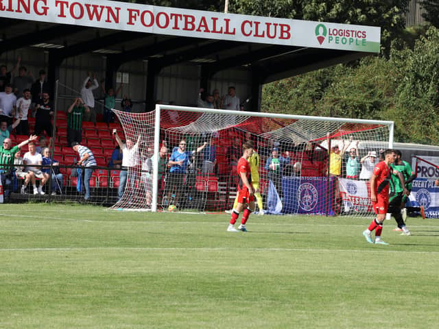 The ball is in the net for Halesowen Town's second goal as Kettering Town twice fought back to secure a 2-2 draw at Latimer Park. Picture by Alison Bagley