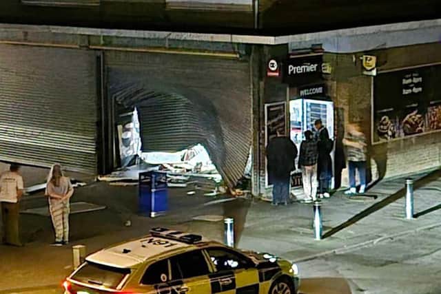 The scene in the early hours at Pytchley Court shops in Corby following a ram raid. Image: Submitted