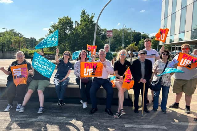 Teaching staff from across the county held a rally outside Corby Cube while they were on strike on Friday, July 7