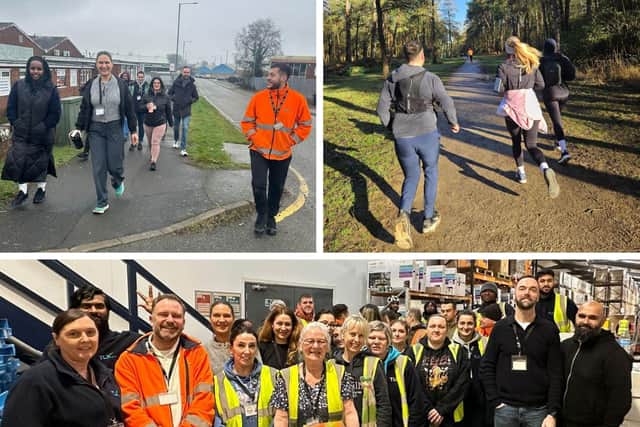 The full team (bottom picture), out on one of their lunch walks (top left) and during a parkrun (top right)