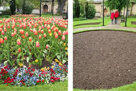 The Manor House gardens outside the Alfred East Art Gallery - taken three years apart. The glorious display on May 14, 2021 and the bare bed on May 14, 2024/National World