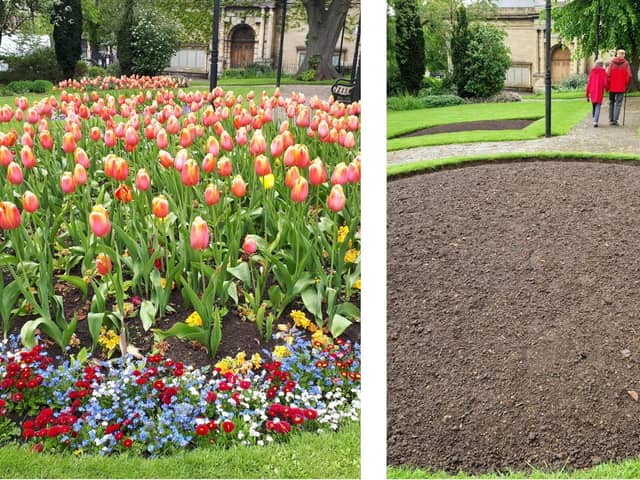 The Manor House gardens outside the Alfred East Art Gallery - taken three years apart. The glorious display on May 14, 2021 and the bare bed on May 14, 2024/National World