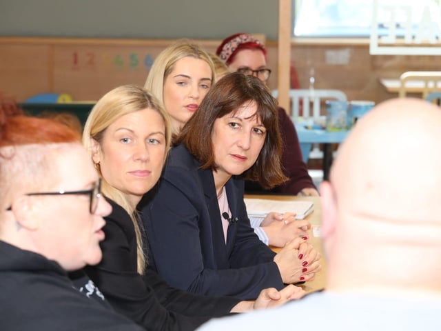 Rachel Reeves Shadow Chancellor visits Kettering Morrisons and Cheaney Shoes in Desborough with her sister Ellie Reeves and candidate Rosie Wrighting:Rachel Reeves in Kettering and Desborough