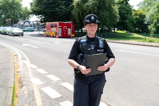 Inspector Nicola Davis-Lyons reading a statement at the junction of Quorn Way and St Andrews Road in Semilong, Northampton, following the murder of a man in his 30s.