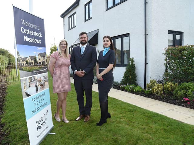 Hollie Courten, Tom Dobson and Hannah Dorner representing Vistry East Midlands at the launch of Cotterstock Meadows in Oundle, from Vistry’s nearby Judith Gardens development in Sawtry
