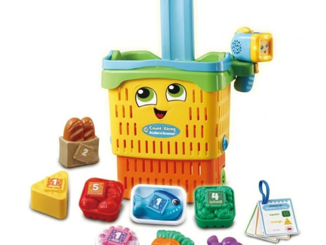 Scan and learn with the VTech Count-Along Basket & Scanner! The 2-in-1 shopping basket comes with 8 role play food pieces for role play shopping and scanning fun. Included is a talking scanner that when the food pieces are scanned, it recognises the item calling out the food, shape and colour. Learn Through Play! The VTech Count-Along Basket & Scanner include three different play modes! This helps reinforce number learning with two fun counting games. Kids can also have fun in the free play mode picking up items and learning all about them. RRP £39.99, Age 2-5 years.