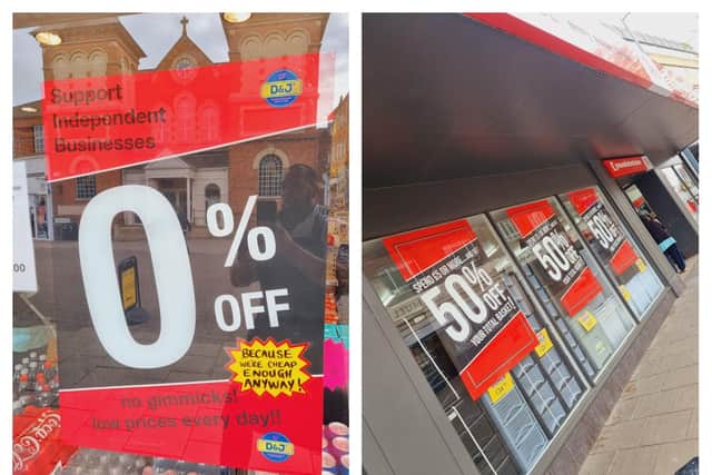 Signs outside D&J Discount Store (left) and signs outside Poundstretcher (right).
