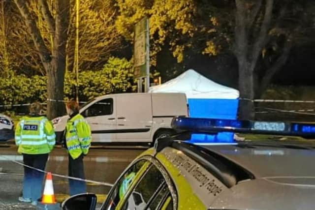 Police remain at the scene in Harborough Road this evening. Picture by Logan Macleod.