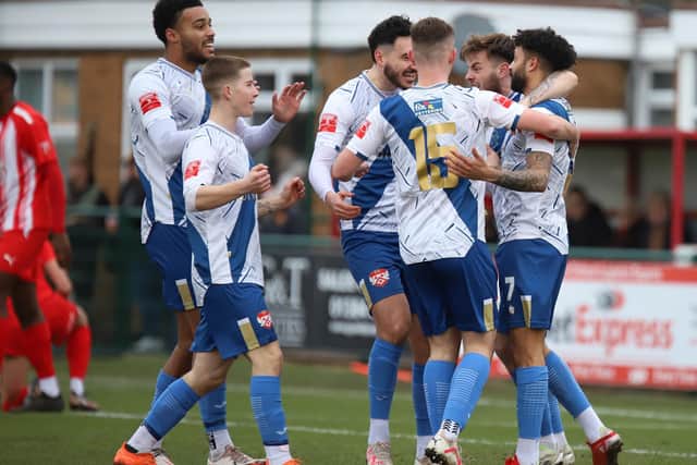 The Poppies players celebrate Tyrone Lewthwaite's goal (Picture: Peter Short)