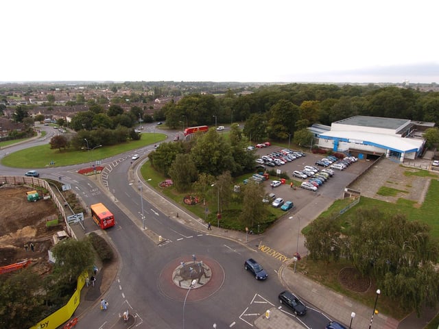 Corby - the old swimming pool looking across to Wescott Way and Turner Road - aerial shots from Grosvenor House 2006