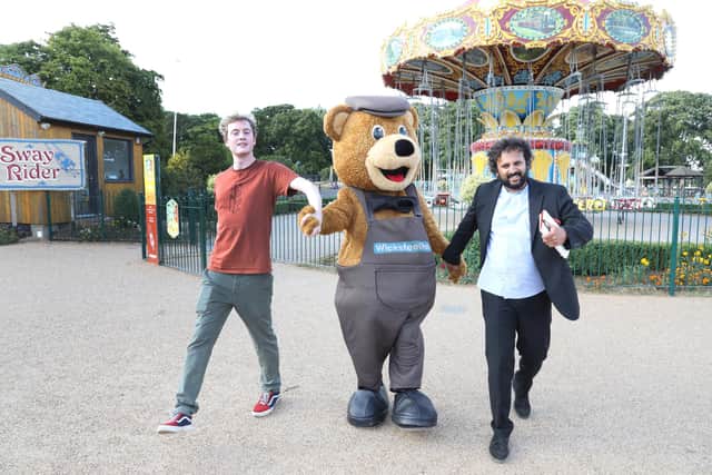 Kettering, Nish Kumar and James Acaster filming at Wicksteed Park with Wicky Bear