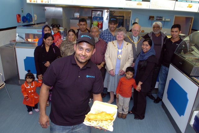 Rockyz: Brambleside chip shop reopened -  Mayor of Kettering Margaret Talbot with husband David Talbot officially opens chippy  with Dilal Hussain in front  2012