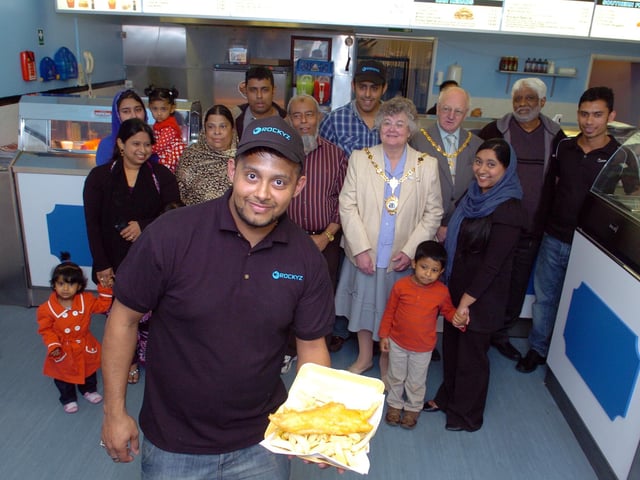 Rockyz: Brambleside chip shop reopened - Mayor of Kettering Margaret Talbot with husband David Talbot officially opens chippy with Dilal Hussain in front 2012
