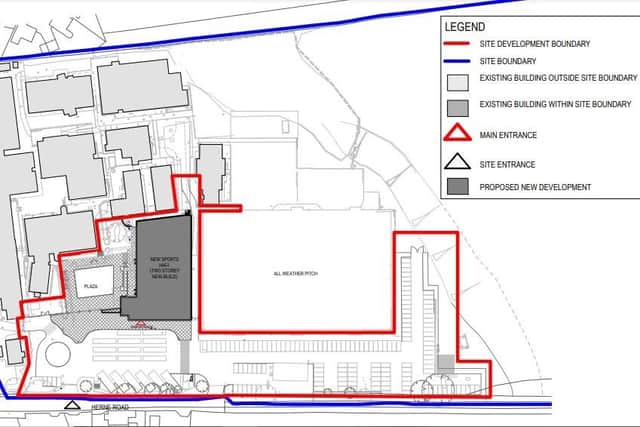 A plan of the proposed hall, plaza and car parking