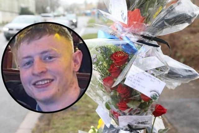 Flowers left at the scene in memory of Kelsey Walsh, inset