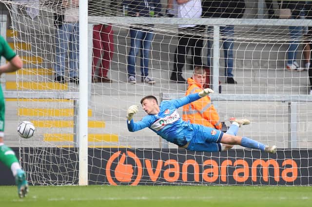 Jackson Smith makes a save during Kettering Town's 0-0 draw at AFC Fylde. Pictures by Peter Short