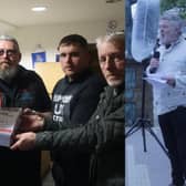 Unite petition is handed to Tom Pursglove (left image) and Alun Davies speaks at Workers Memorial Day Event in Corby (right image)