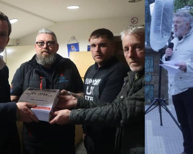 Unite petition is handed to Tom Pursglove (left image) and Alun Davies speaks at Workers Memorial Day Event in Corby (right image)