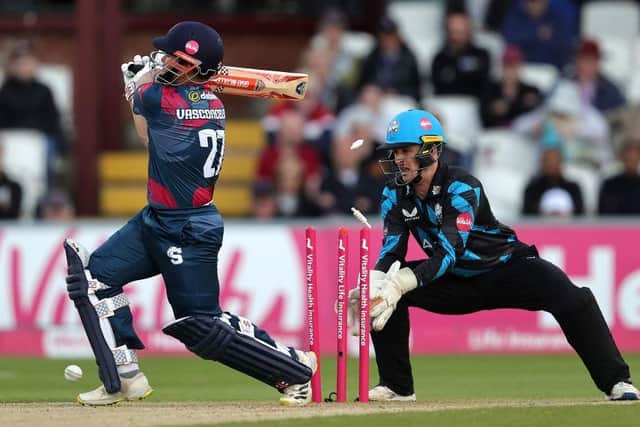 Ricardo Vasconcelos is bowled by Hayden Walsh