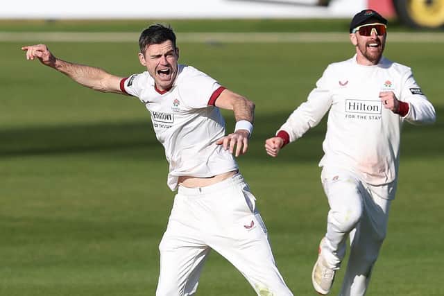 Jimmy  Anderson of Lancashire celebrates after taking the wicket of Lewis McManus (Photo by David Rogers/Getty Images)
