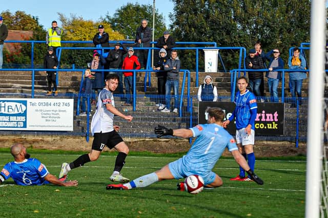 Tristan Matthews put Corby Town 2-1 up at Halesowen Town with this effort but the day ended in a heartbreaking 3-2 defeat. Pictures by Jim Darrah