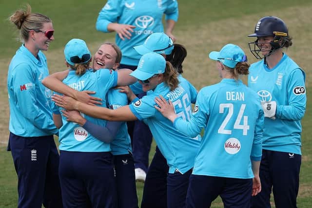 Tilly Corteen-Coleman celebrates claiming the wicket of Georgia Plimmer on Sunday