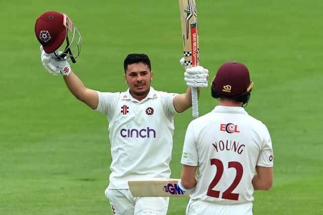 Ricardo Vasconcelos of Northamptonshire celebrates after scoring his century against Warwickshire