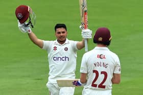 Ricardo Vasconcelos of Northamptonshire celebrates after scoring his century against Warwickshire
