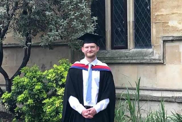 Cameron James at his University of Bedfordshire graduation.