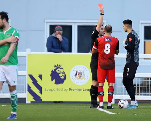 Goalkeeper Cameron Gregory was sent-off in Kettering Town's 1-1 draw at Bradford (Park Avenue) on Saturday. Pictures by Peter Short