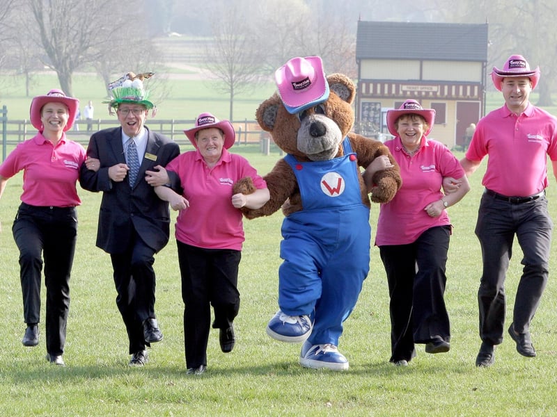 Kettering Wicksteed Park preview for Crazy Hats walk: Wicky Bear, with l-r Josephine Malone, John Roberts, Glennis Hooper, Marilyn Clapham, and Phil Malone 2012