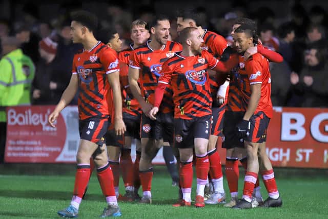 Kettering Town celebrate going 2-0 ahead against Stourbridge (Picture: Peter Short)