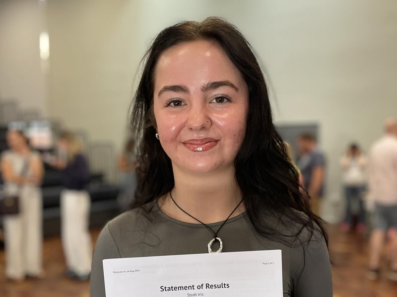 Iris Stroh with her results at Prince William School in Oundle
