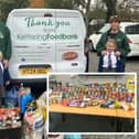 Representatives from Kettering Food Bank receiving the donations from Broughton Primary School
