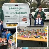 Representatives from Kettering Food Bank receiving the donations from Broughton Primary School