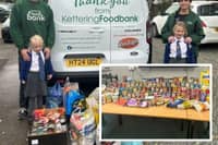 Representatives from Kettering Food Bank receiving the donations from Broughton Primary School