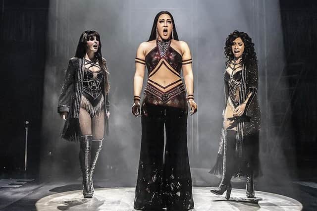 Millie O'Connell as Babe, Danielle Steers as Lady & Debbie Kurup as Star in The Cher Show (photo: Pamela Raith)