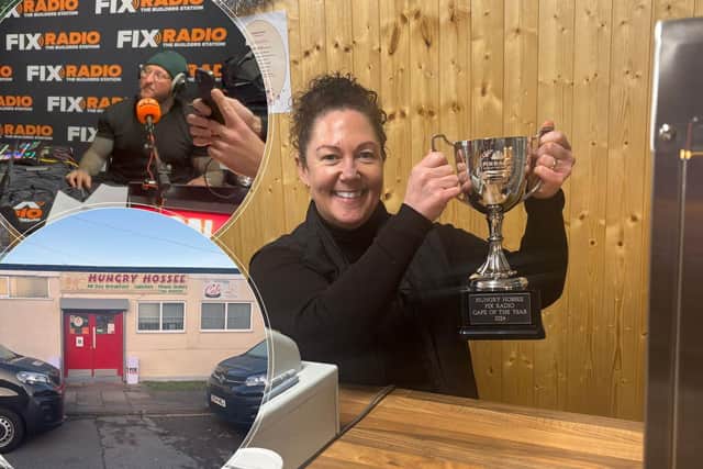 Shelaine Crabtree of the Hungry Hossee has received her cafe of the year award from the Fix Radio presenters. Image: Northants Telegraph