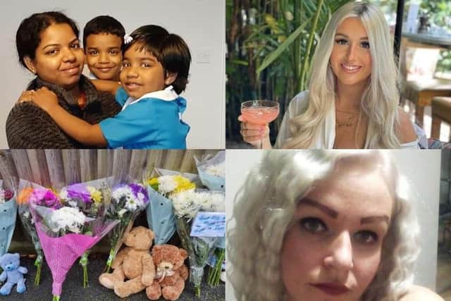 Clockwise, from top left: Anju Asok and her children, Maddie Durdant-Hollamby, Marta Chmielecka and tributes left in Petherton Court