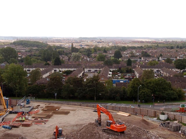 Corby - panorama aerial shots from Grosvenor House of Willow Place development and Oakley Vale housing estate in the background 2006
