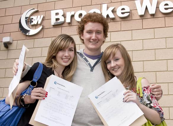A -Level results day 2010 at Brooke Weston. From left: Felicity Macro, 18, James Docherty, 17 and Diana Gormley, 18.
