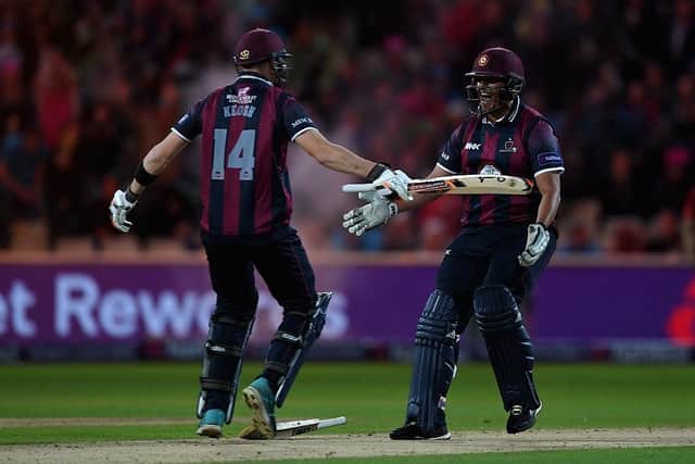 Rob Keogh celebrates with Rory Kleinveldt after hitting the winning runs in the NatWest T20 Blast Final win over Durham at Edgbaston in 2016
