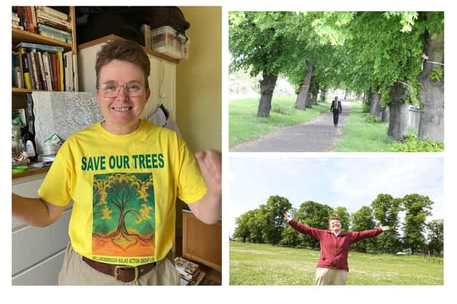 Main photo Marion-Turner Hawes with a fundraising t-shirt, Wellingborough Walks in London Road, Marion Turner-Hawes with the avenue of lime trees
